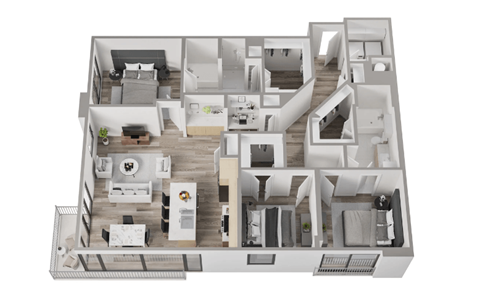 a 3d floor plan of a house with a bedroom and living room